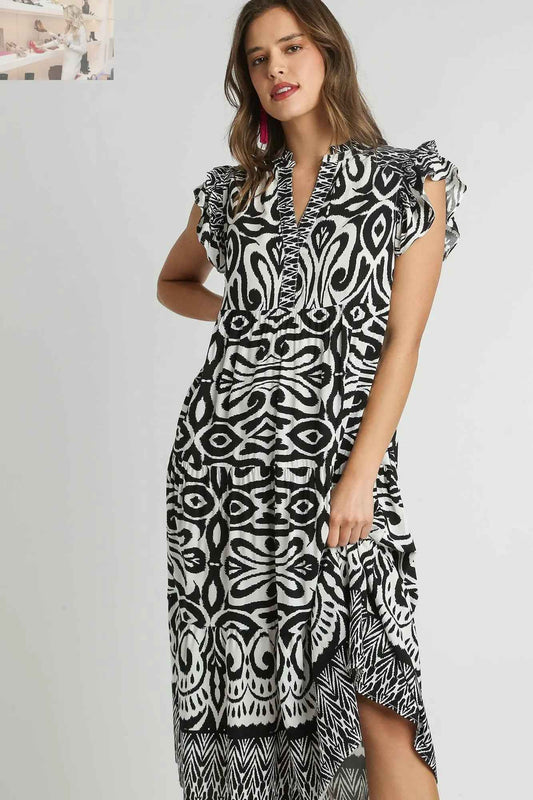 Umgee Plus Size Two Tone Midi Dress with Ruffle Cap Sleeves - MegaSuperStar