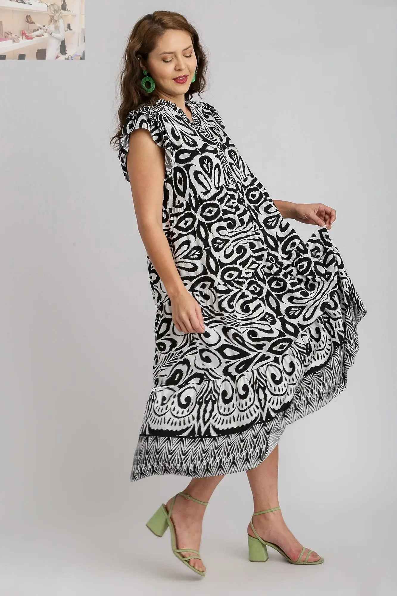 Umgee Plus Size Two Tone Midi Dress with Ruffle Cap Sleeves - MegaSuperStar