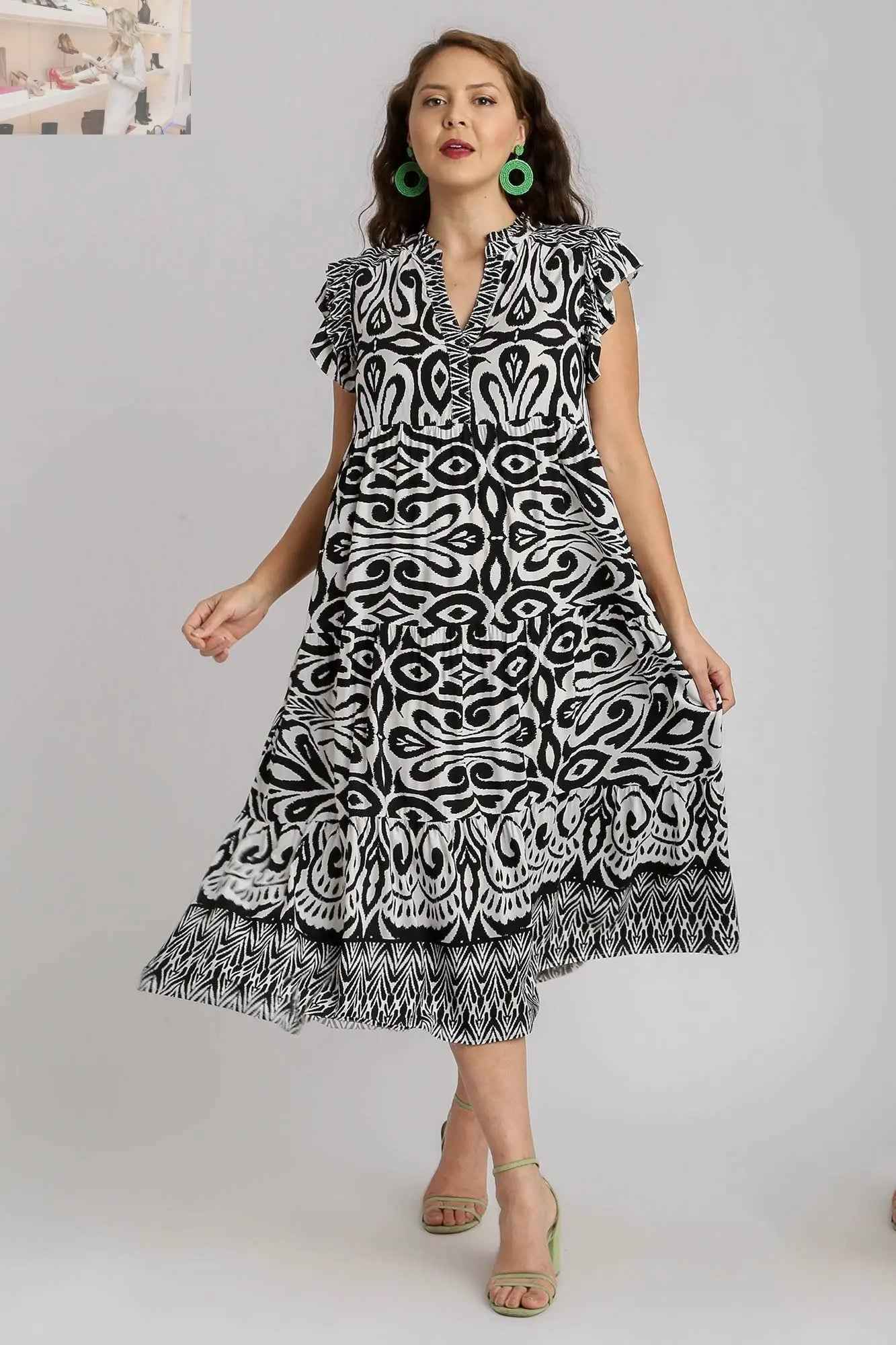 Umgee Plus Size Two Tone Midi Dress with Ruffle Cap Sleeves - MegaSuperStar