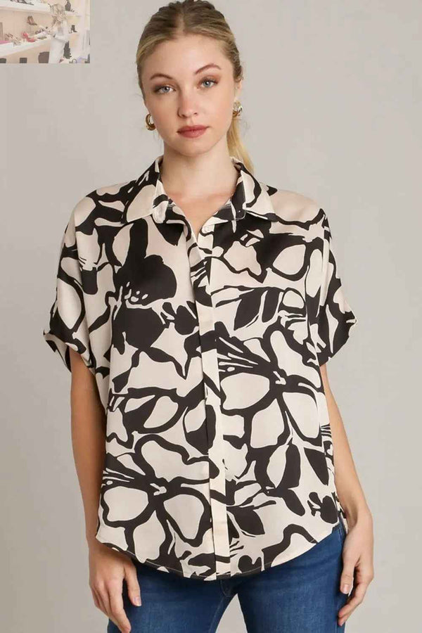 Umgee Plus Size Two Tone Top - Button Down Style with Hidden Plackets for Any Occasion