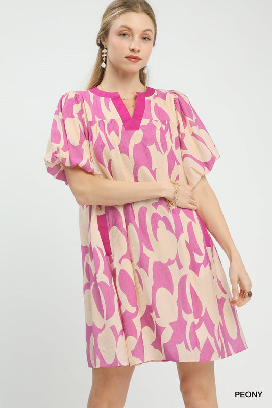 Umgee Puff Sleeve Dress - Abstract Print Shift Dress for Effortless Style - MegaSuperStar
