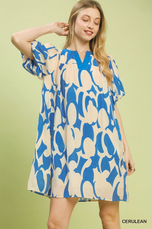 Umgee Puff Sleeve Dress - Abstract Print Shift Dress for Effortless Style - MegaSuperStar