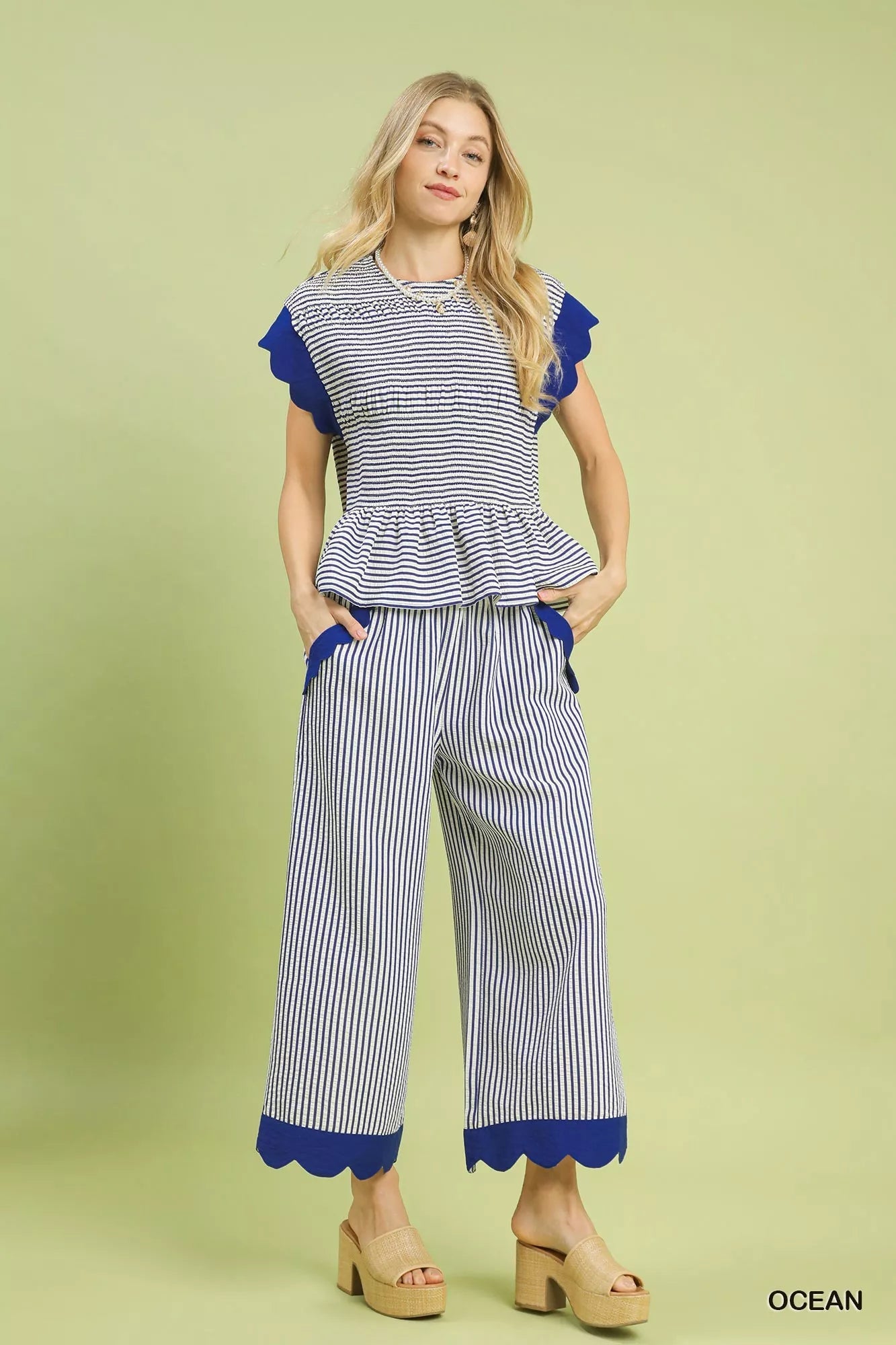 Umgee Stripe Scallop Hem Wide Leg Pants - MegaSuperStar