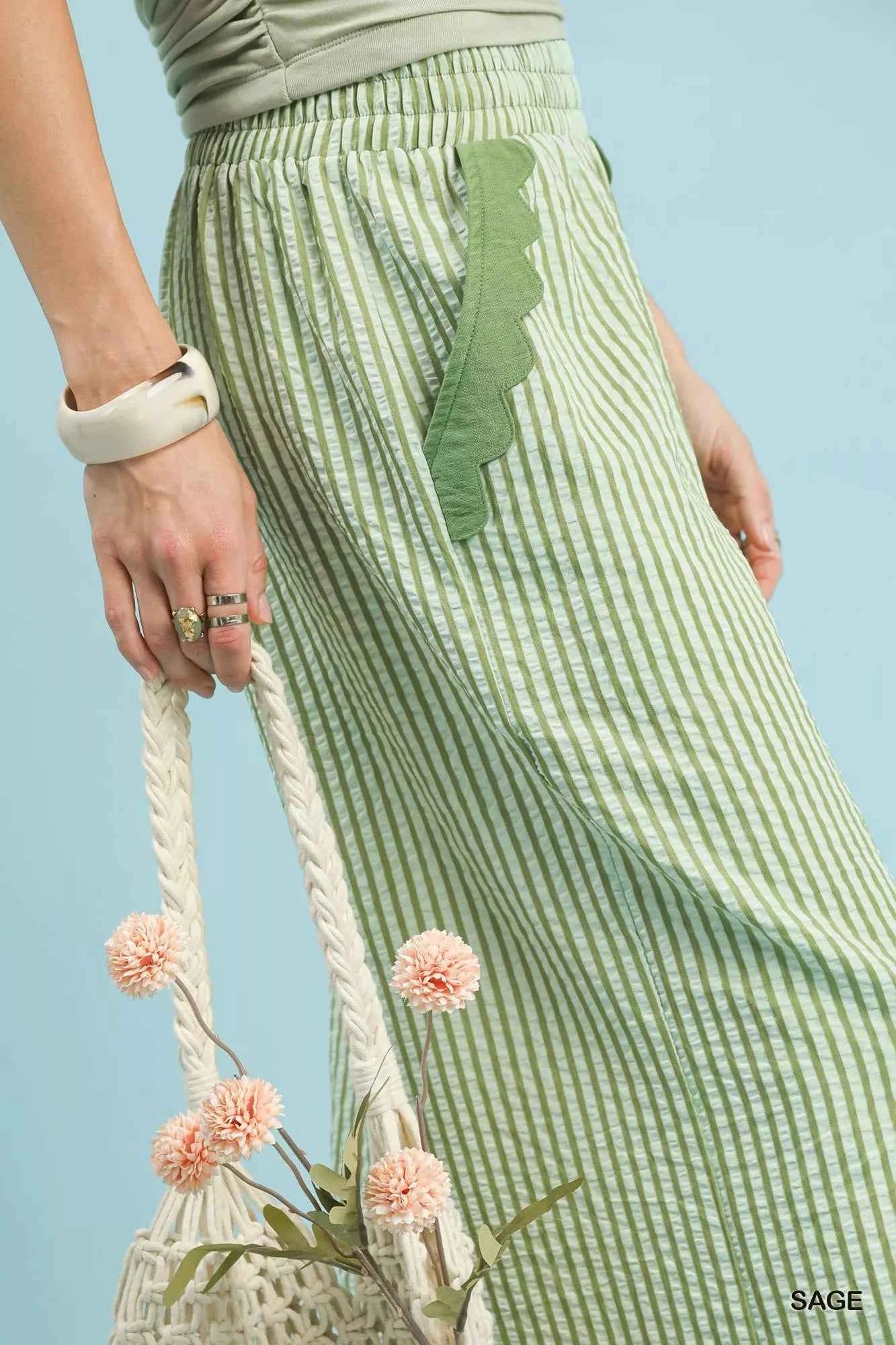 Umgee Stripe Scallop Hem Wide Leg Pants