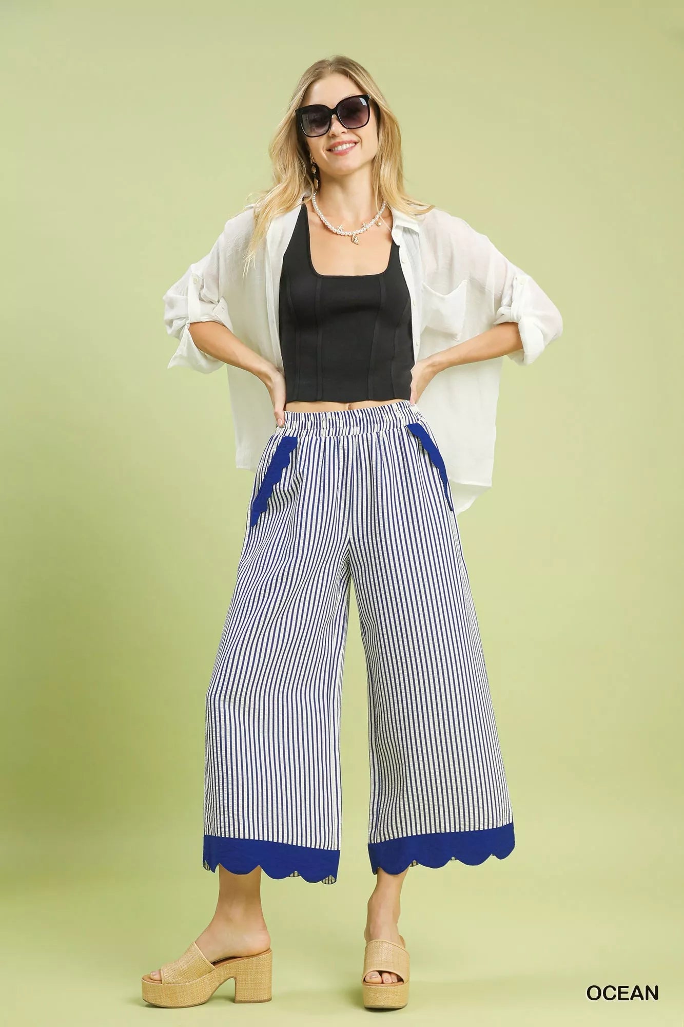 Umgee Stripe Scallop Hem Wide Leg Pants - MegaSuperStar