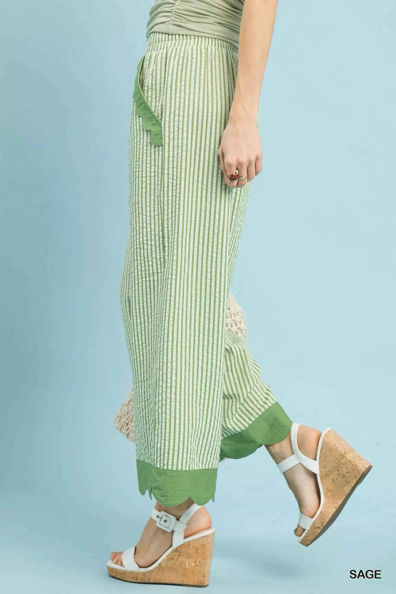 Umgee Stripe Scallop Hem Wide Leg Pants