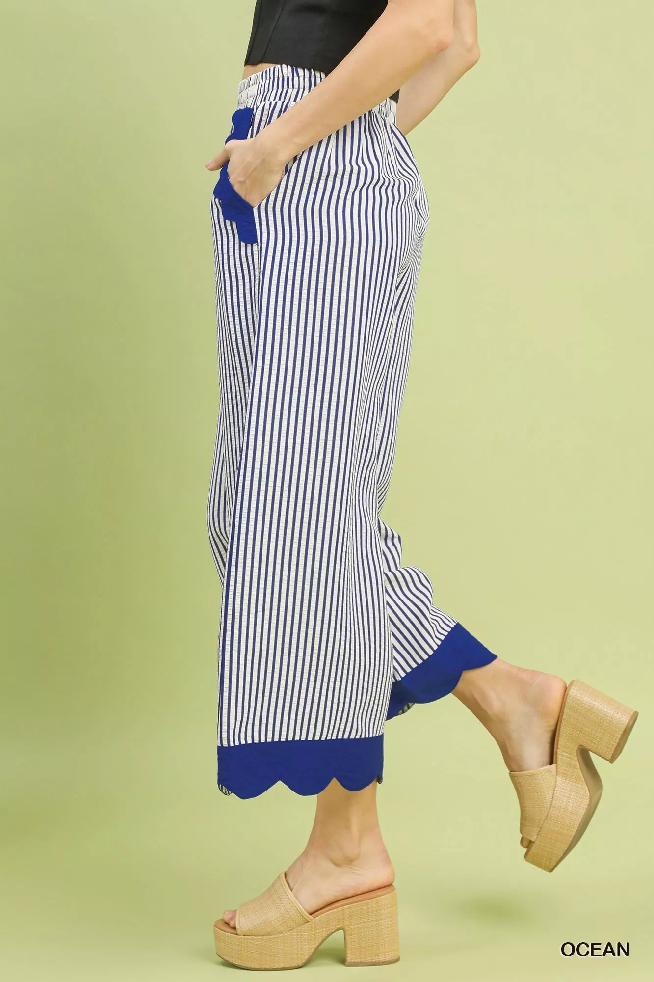 Umgee Stripe Scallop Hem Wide Leg Pants - MegaSuperStar