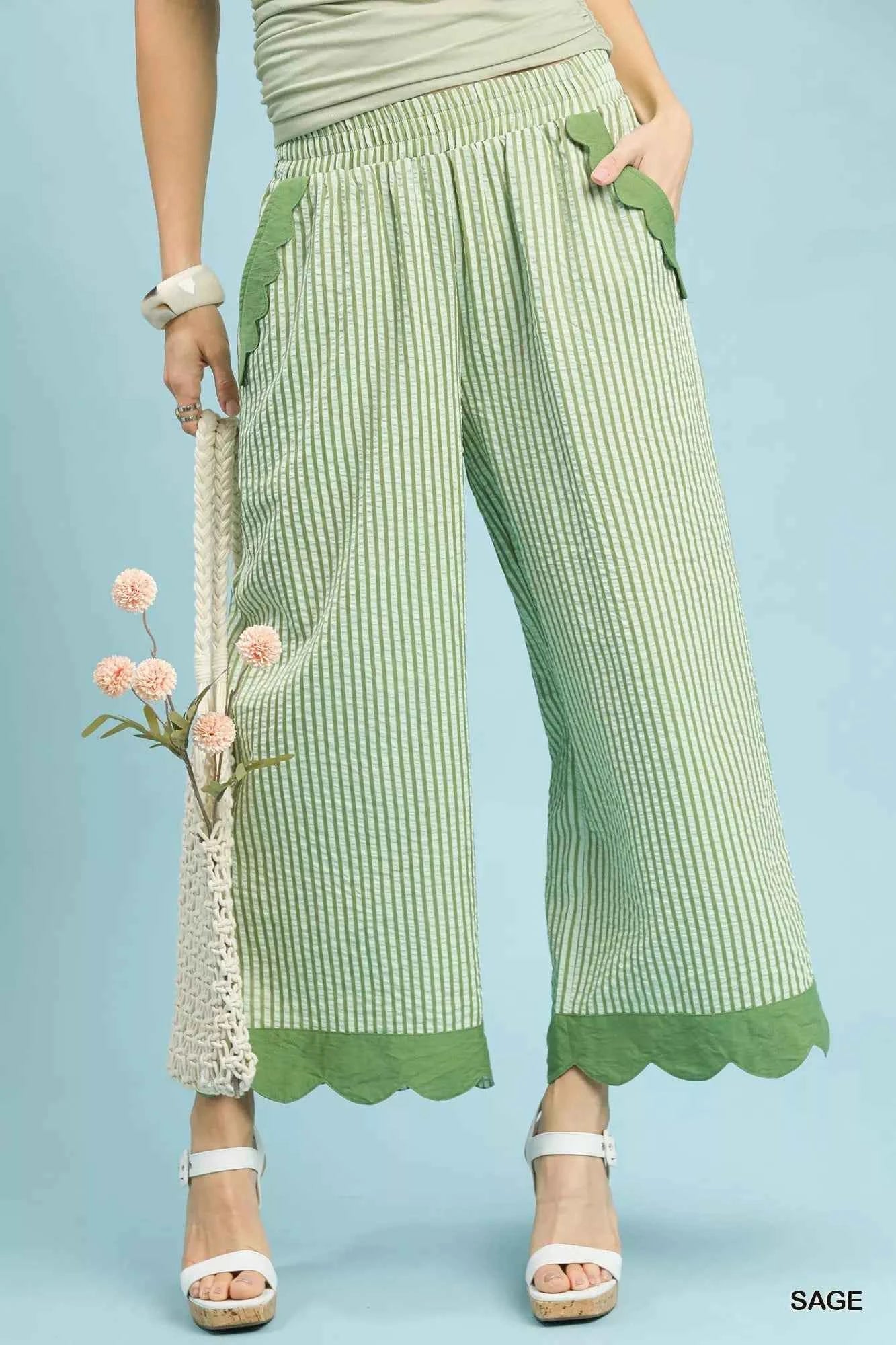 Umgee Stripe Scallop Hem Wide Leg Pants