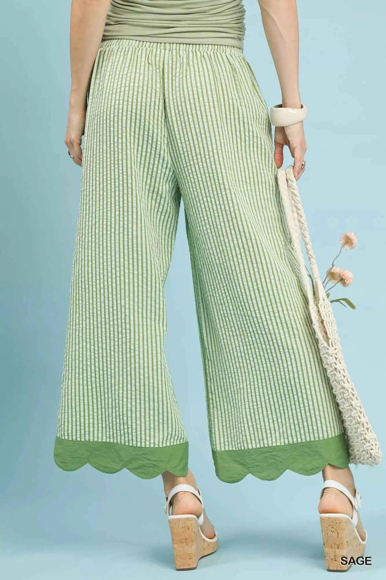 Umgee Stripe Scallop Hem Wide Leg Pants