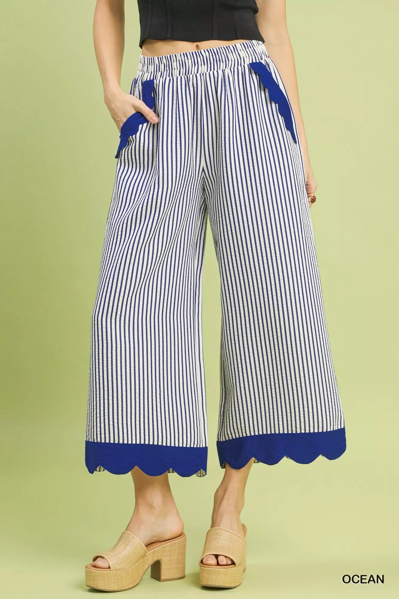 Umgee Stripe Scallop Hem Wide Leg Pants - MegaSuperStar