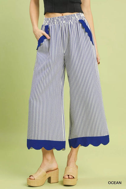 Umgee Stripe Scallop Hem Wide Leg Pants - MegaSuperStar