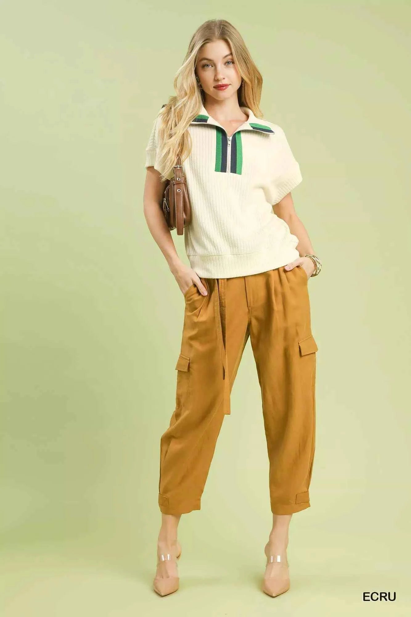 Umgee Striped Zip Collar Knit Top for Effortless Style - MegaSuperStar