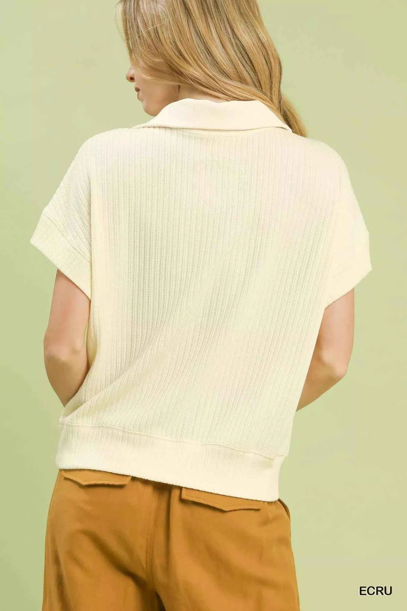 Umgee Striped Zip Collar Knit Top for Effortless Style - MegaSuperStar