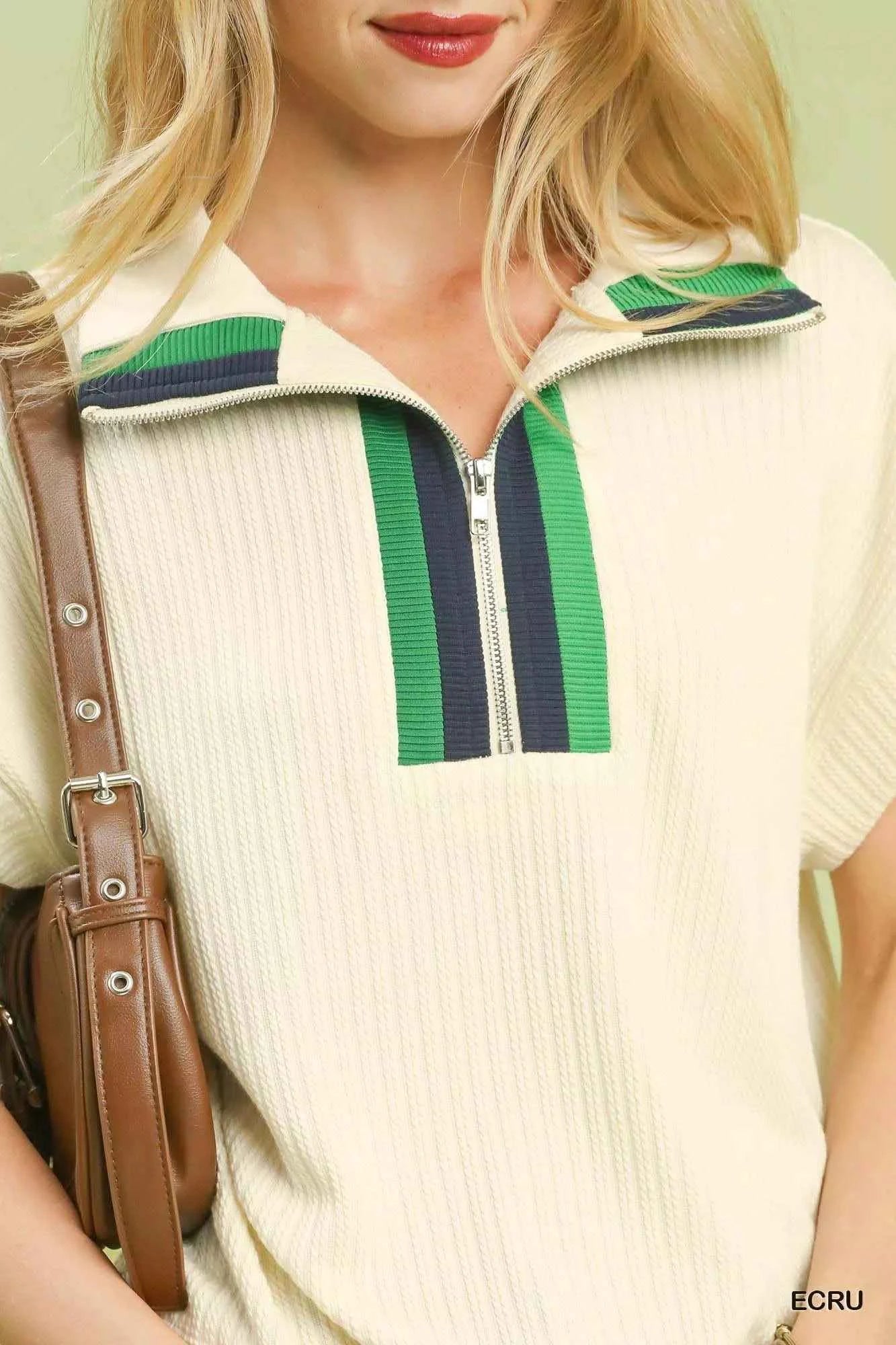Umgee Striped Zip Collar Knit Top for Effortless Style - MegaSuperStar