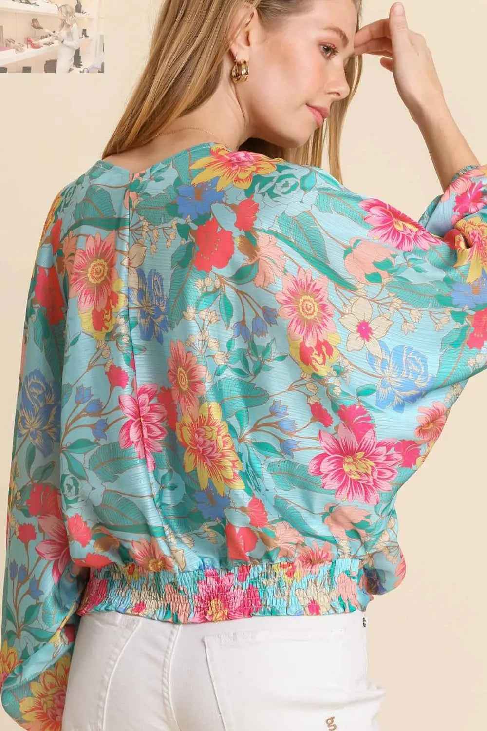 Umgee USA Plus Size Floral Print Blouse with Smocked Back Hem and V - Neck - MegaSuperStar