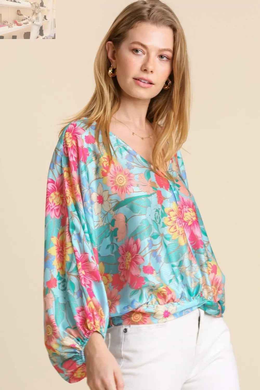 Umgee USA Plus Size Floral Print Blouse with Smocked Back Hem and V - Neck - MegaSuperStar