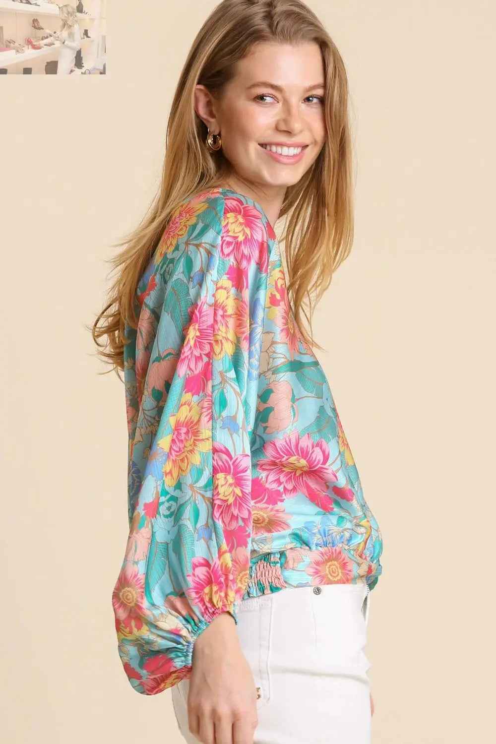 Umgee USA Plus Size Floral Print Blouse with Smocked Back Hem and V - Neck - MegaSuperStar