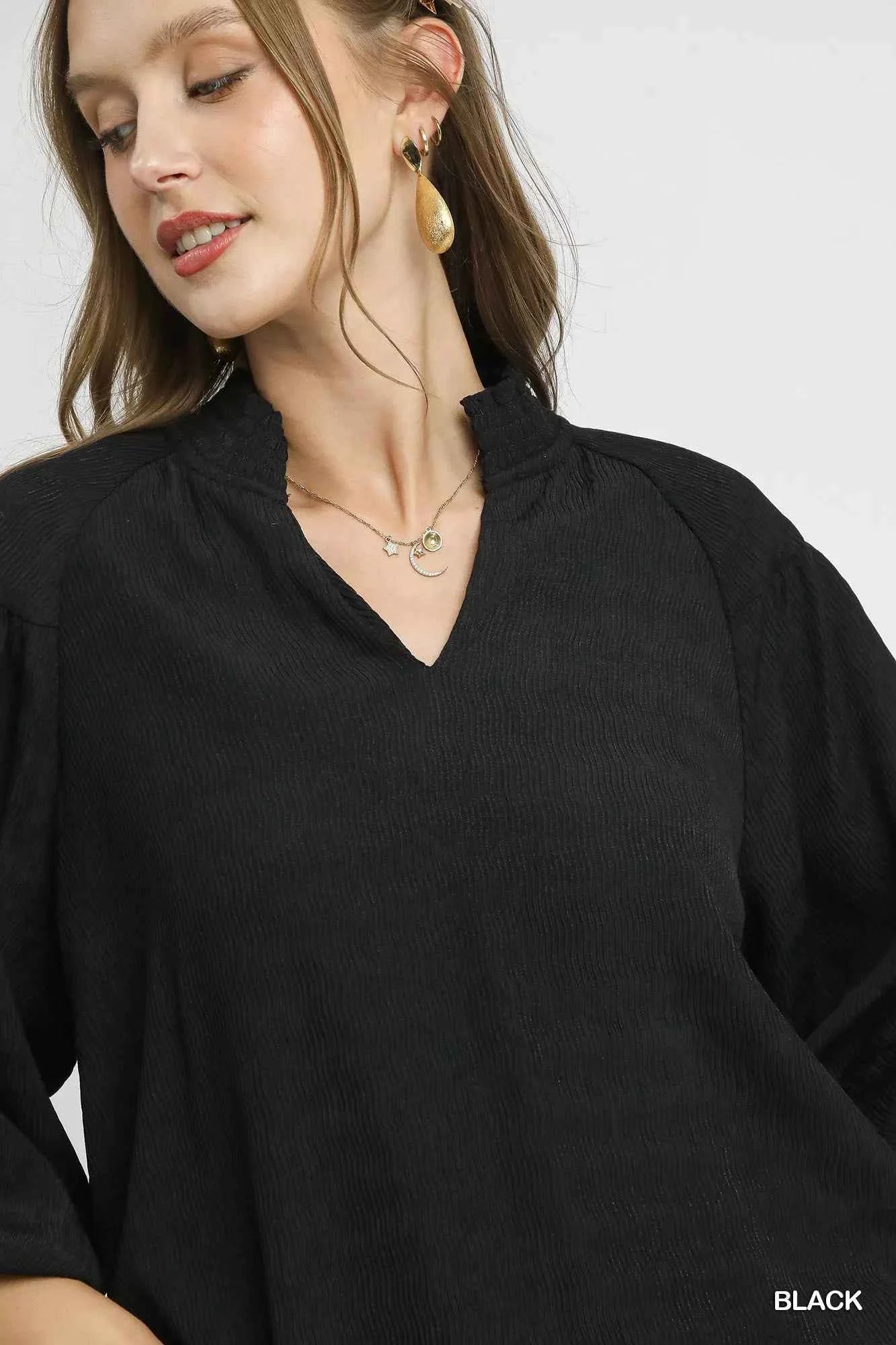 Umgee V - Neck Blouse with Textured Fabric and Balloon Sleeves - Stylish Versatile Fashion - MegaSuperStar