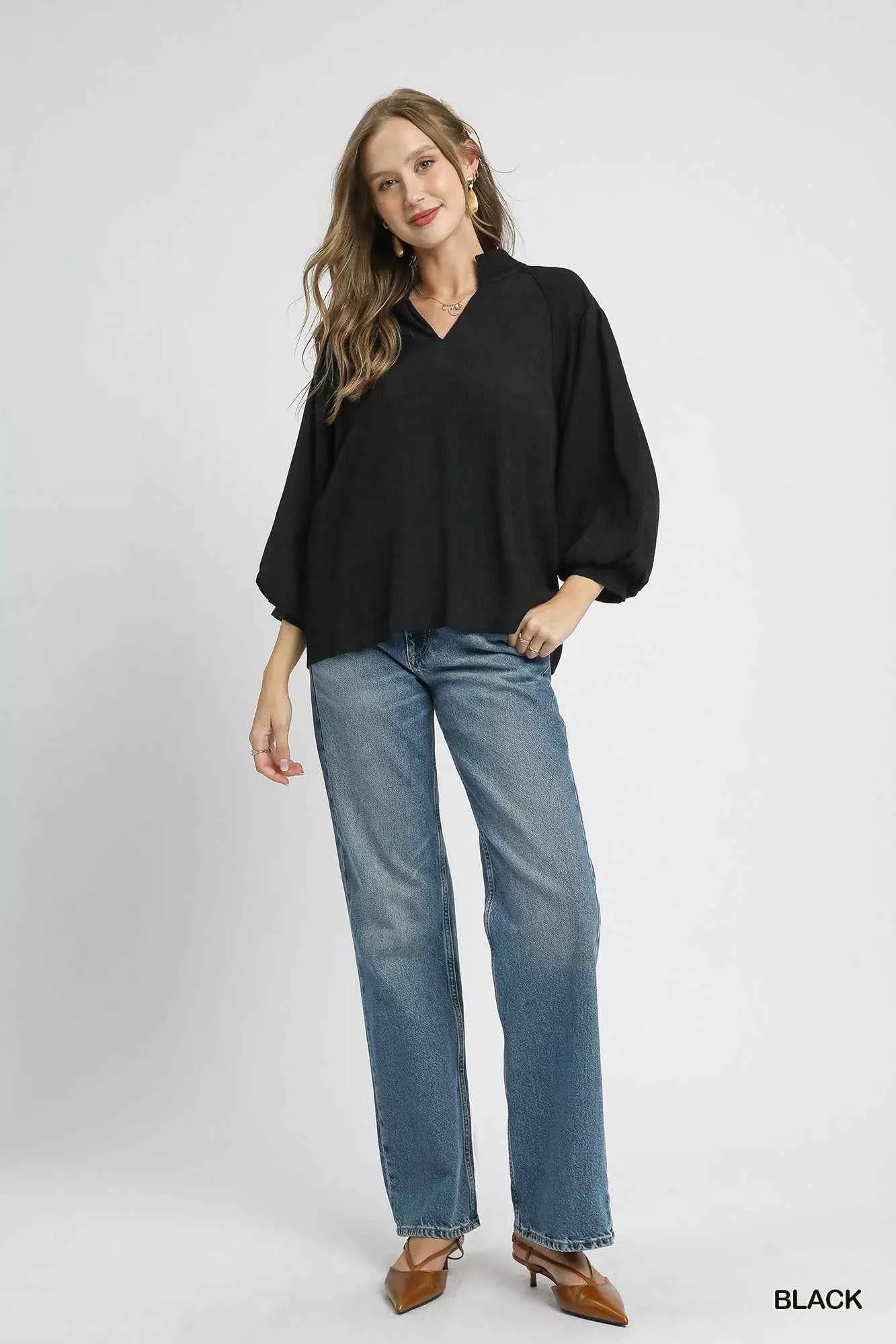 Umgee V - Neck Blouse with Textured Fabric and Balloon Sleeves - Stylish Versatile Fashion - MegaSuperStar