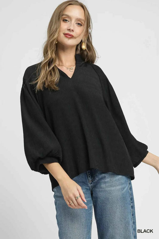 Umgee V - Neck Blouse with Textured Fabric and Balloon Sleeves - Stylish Versatile Fashion - MegaSuperStar
