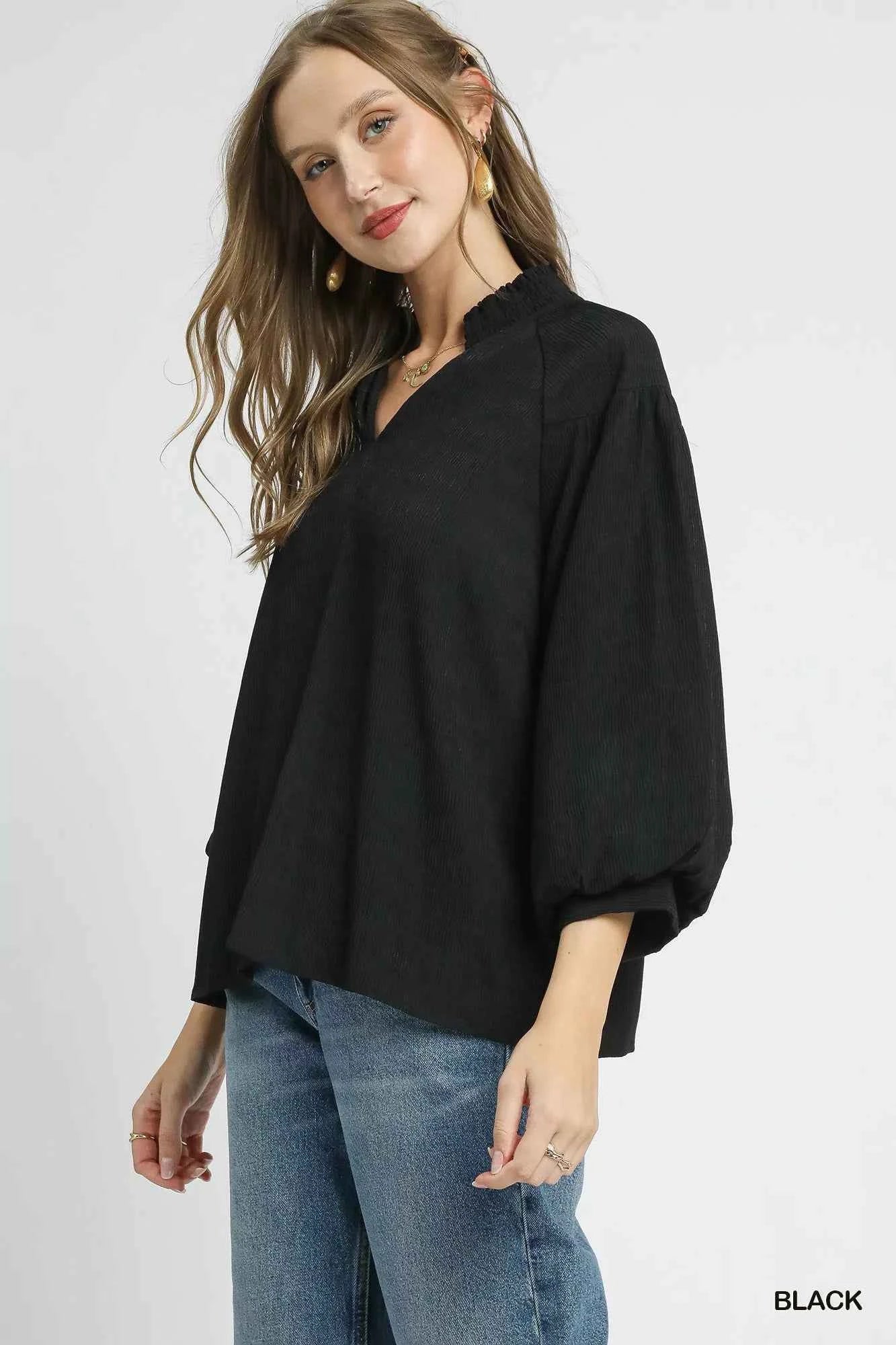 Umgee V - Neck Blouse with Textured Fabric and Balloon Sleeves - Stylish Versatile Fashion - MegaSuperStar