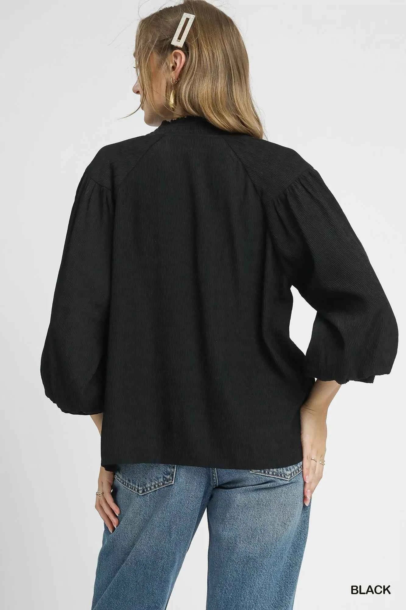 Umgee V - Neck Blouse with Textured Fabric and Balloon Sleeves - Stylish Versatile Fashion - MegaSuperStar