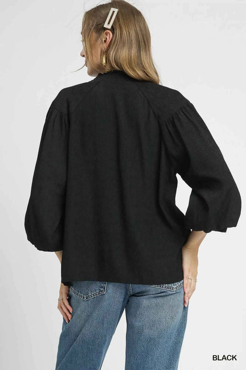 Customer styling 💕 Umgee V-Neck Blouse with Textured Fabric and Balloon Sleeves - Stylish Versatile Fashion 💕