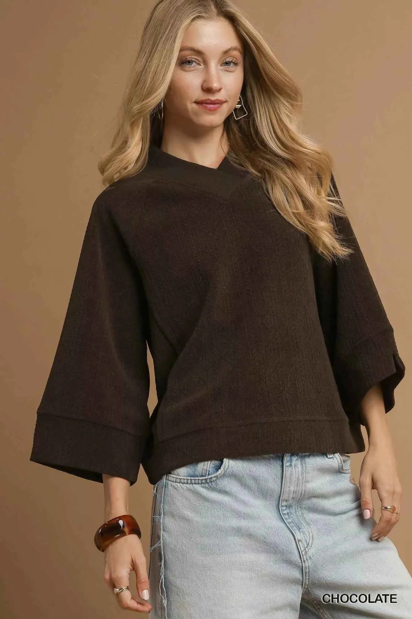 Umgee V - Neck Knit Top - Textured Knit Style for Effortless Fashion - MegaSuperStar