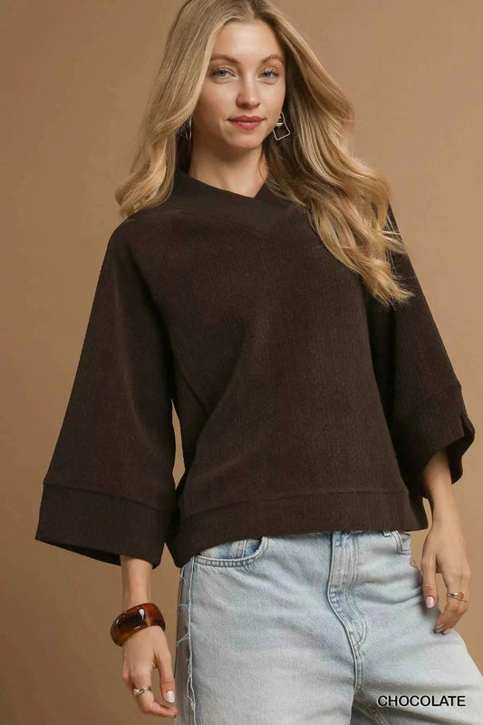 Umgee V - Neck Knit Top - Textured Knit Style for Effortless Fashion - MegaSuperStar