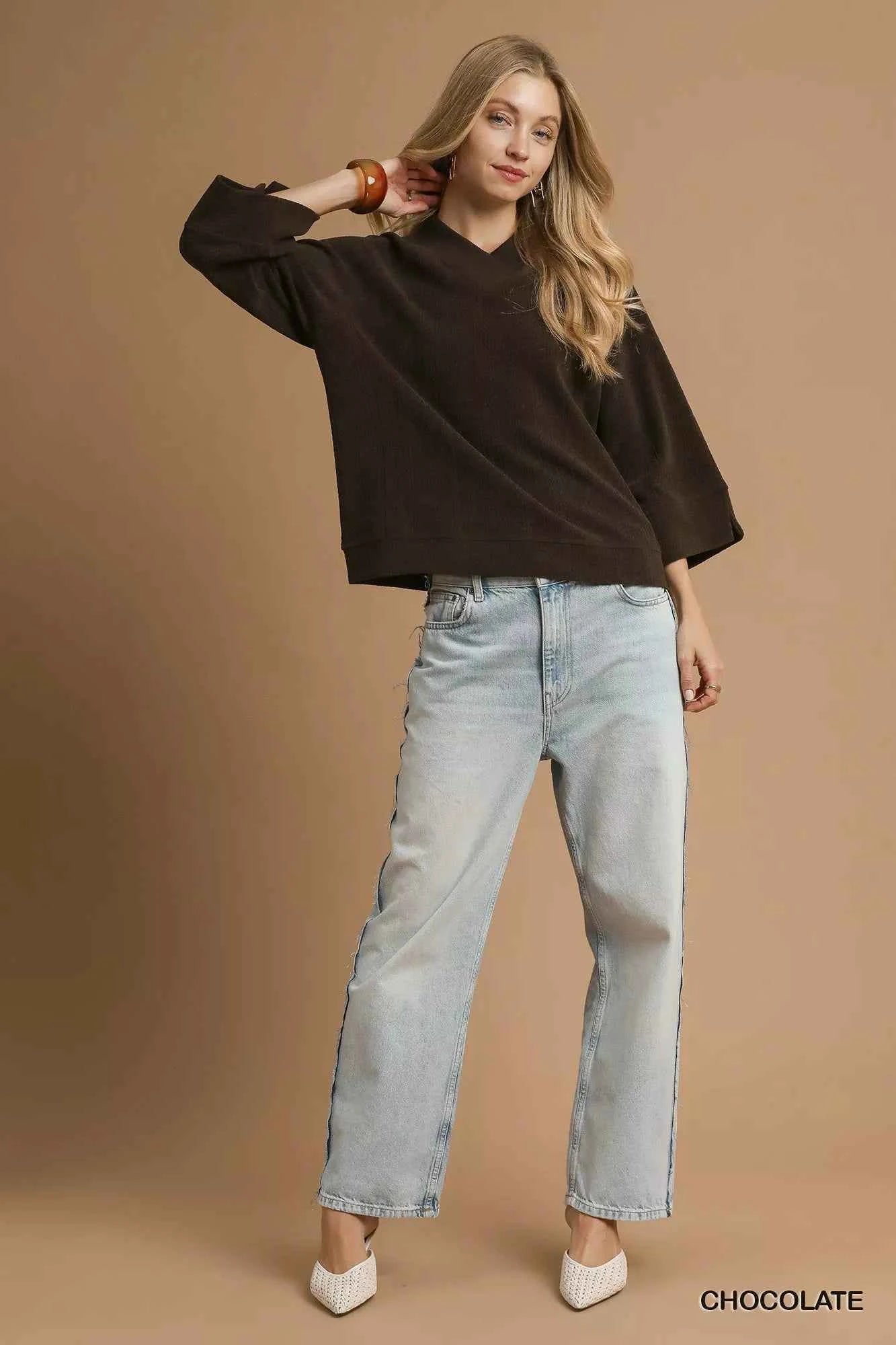 Umgee V - Neck Knit Top - Textured Knit Style for Effortless Fashion - MegaSuperStar