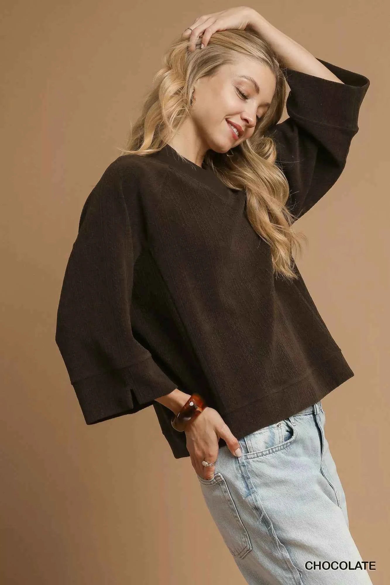 Umgee V - Neck Knit Top - Textured Knit Style for Effortless Fashion - MegaSuperStar