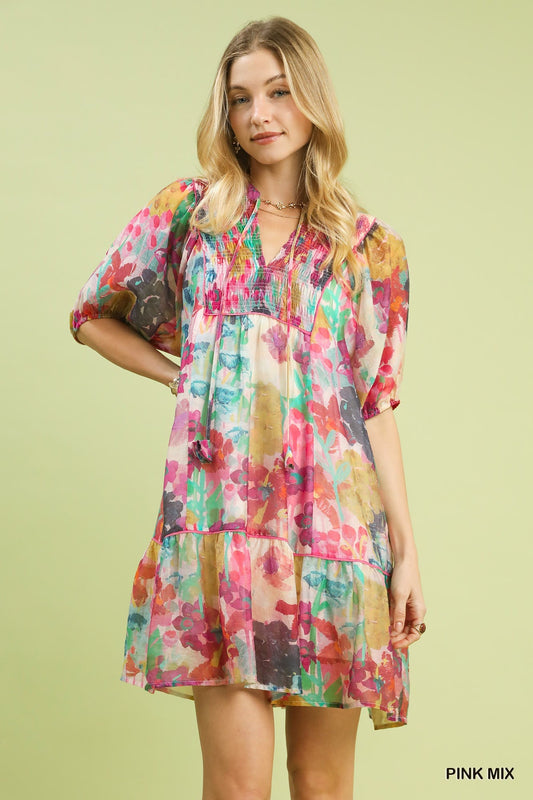 Umgee Watercolor Floral Dress - Babydoll Style - MegaSuperStar