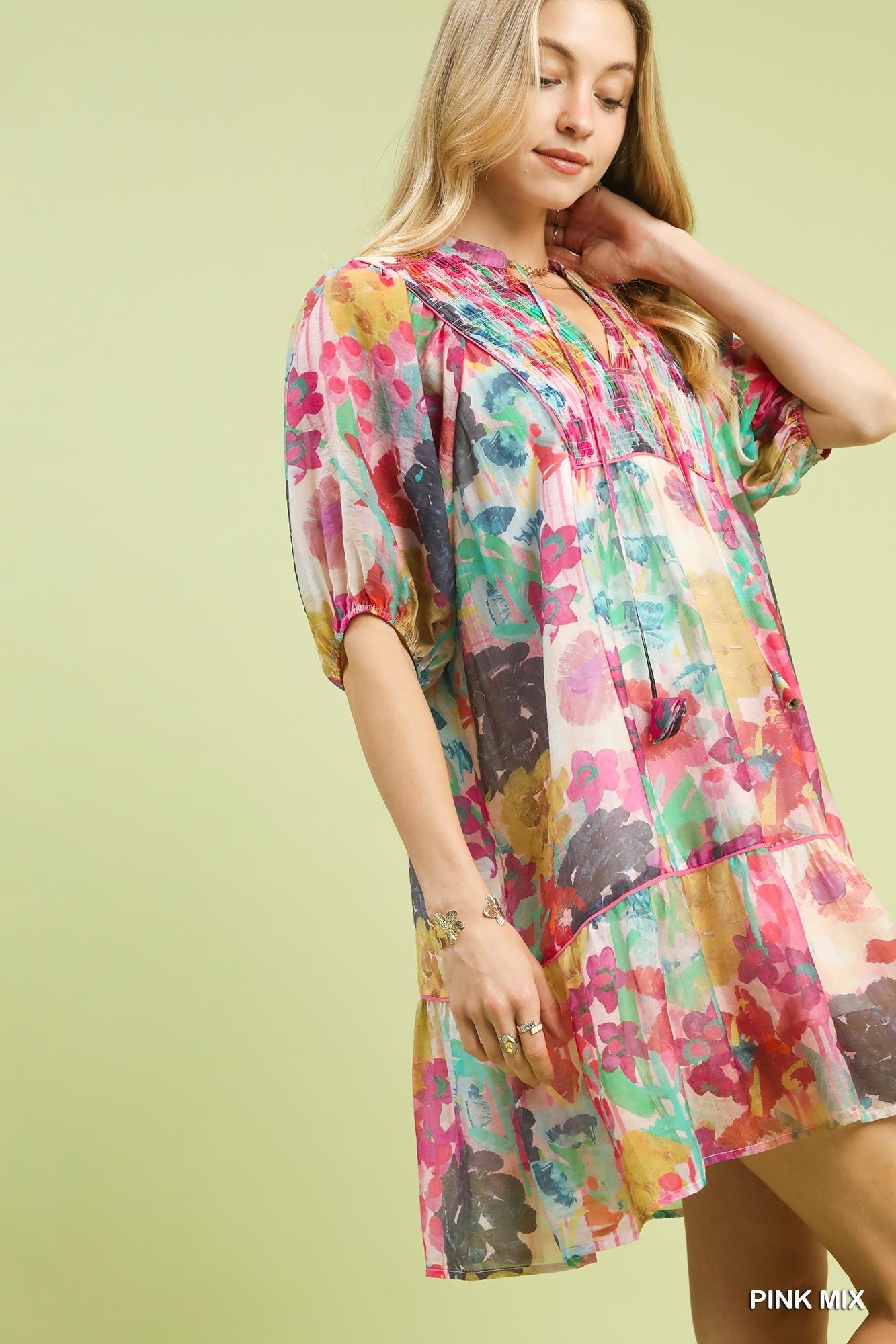 Umgee Watercolor Floral Dress - Babydoll Style - MegaSuperStar