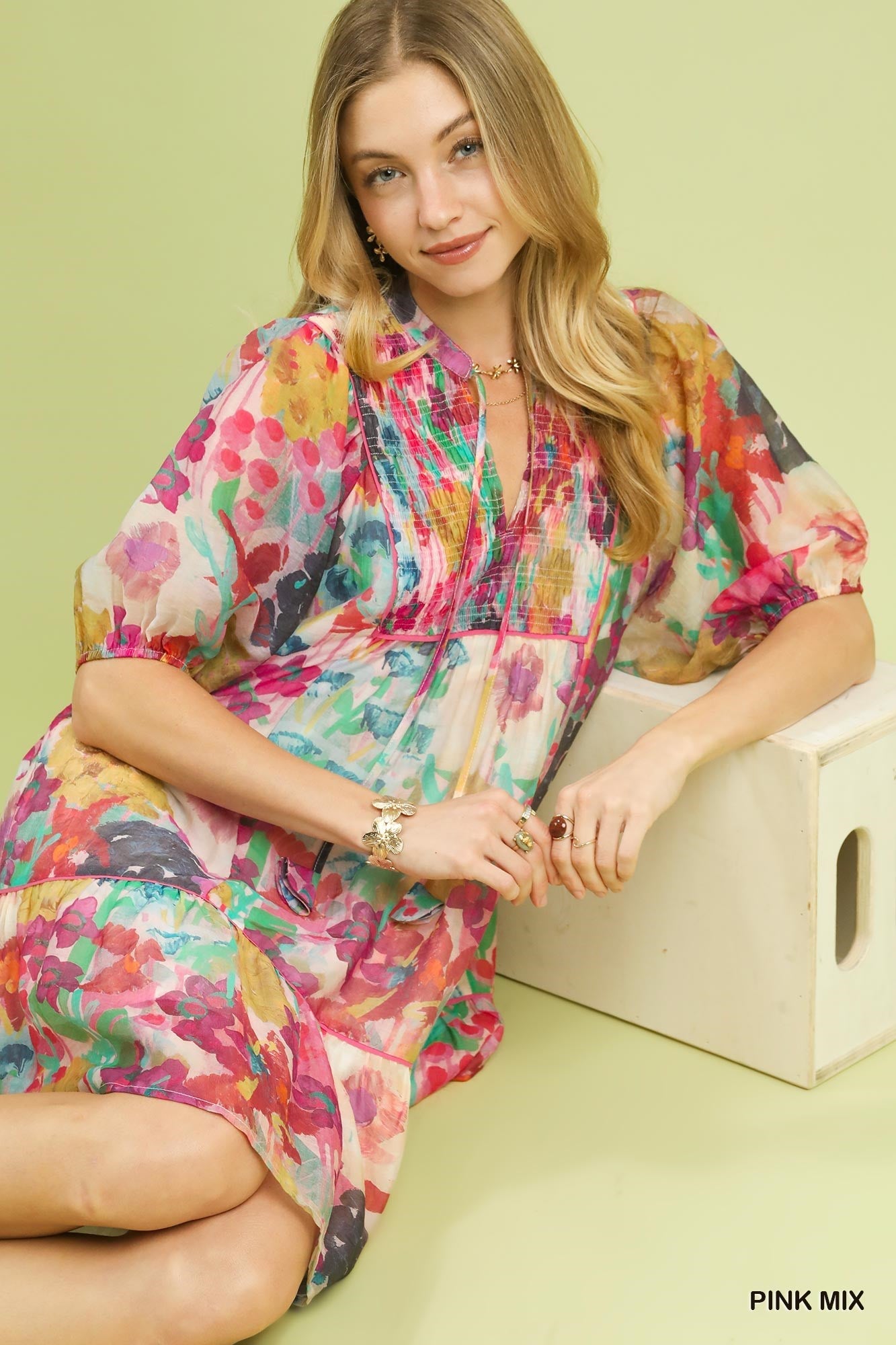 Umgee Watercolor Floral Dress - Babydoll Style - MegaSuperStar