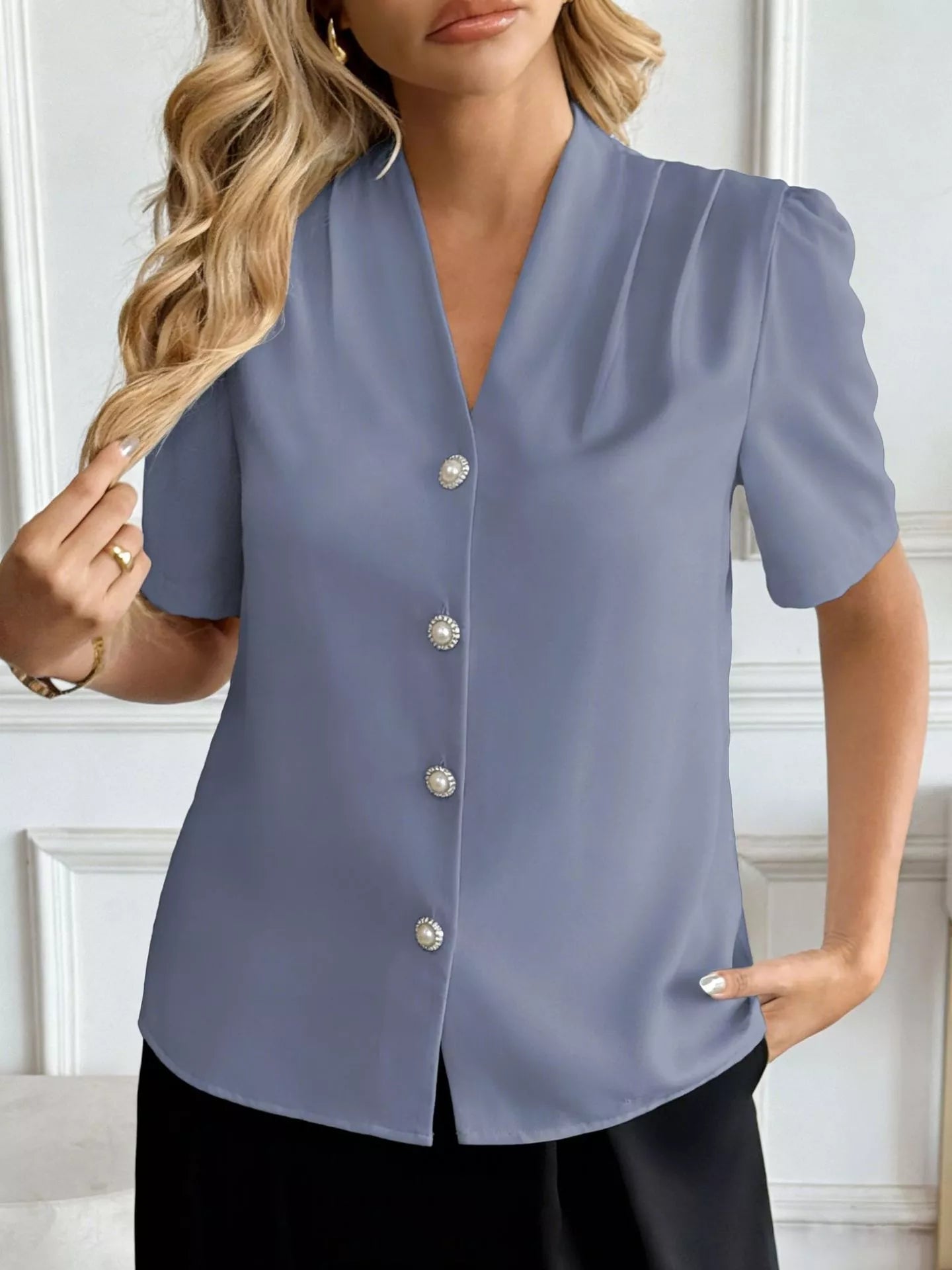 V - Neck Button - Down Shirt - MegaSuperStar