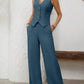V - Neck Button Down Vest and Wide Leg Pants Set - MegaSuperStar