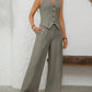 V - Neck Button Down Vest and Wide Leg Pants Set - MegaSuperStar