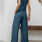 V - Neck Button Down Vest and Wide Leg Pants Set - MegaSuperStar