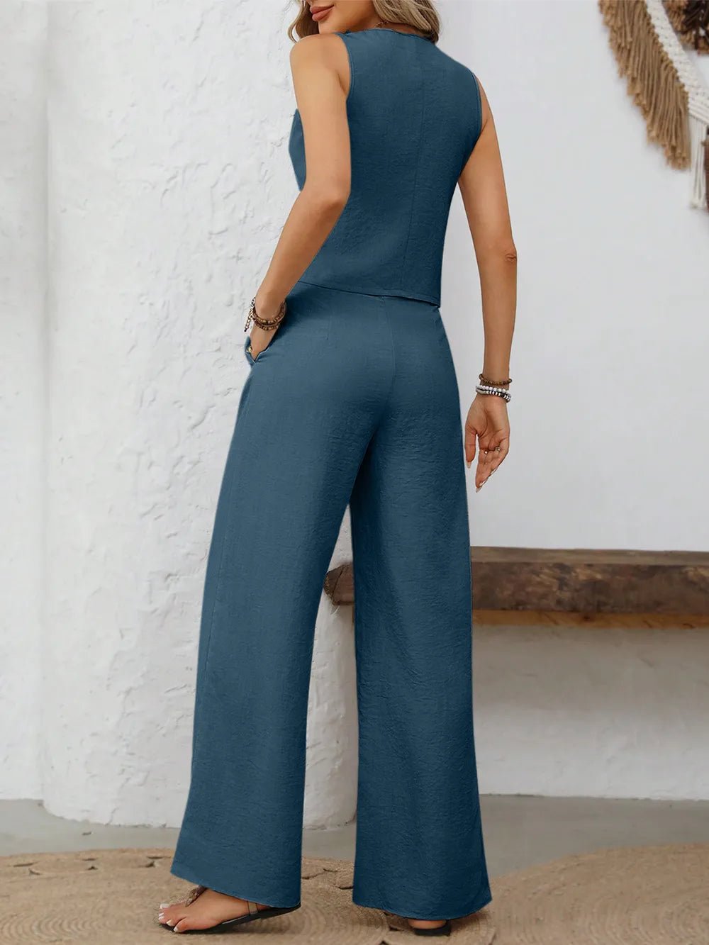 V - Neck Button Down Vest and Wide Leg Pants Set - MegaSuperStar