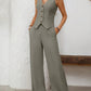 V - Neck Button Down Vest and Wide Leg Pants Set - MegaSuperStar