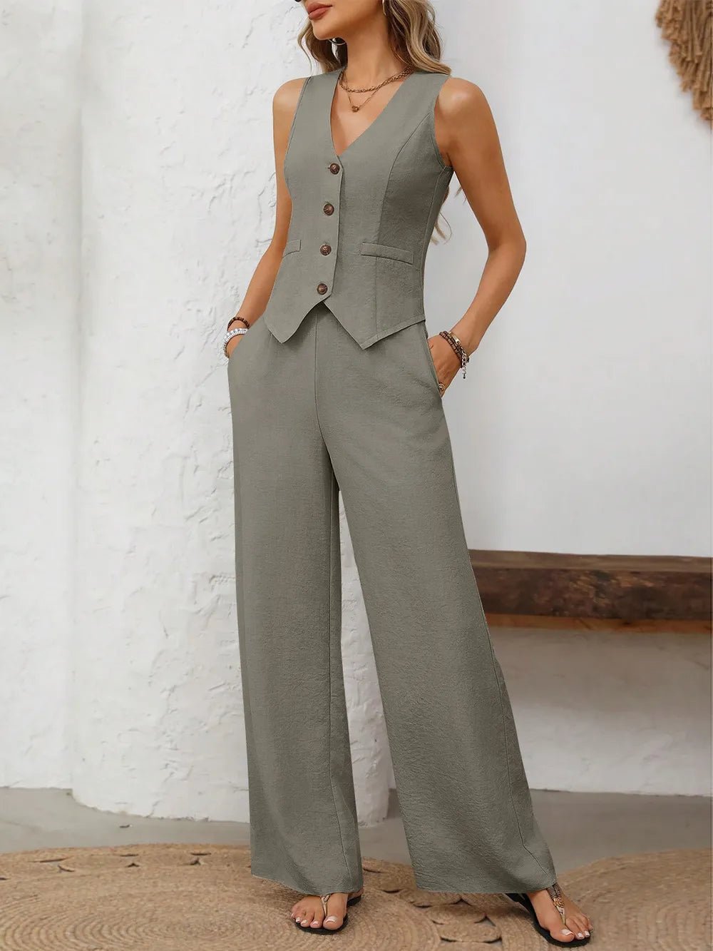 V - Neck Button Down Vest and Wide Leg Pants Set - MegaSuperStar