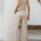 V - Neck Button Down Vest and Wide Leg Pants Set - MegaSuperStar