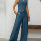V - Neck Button Down Vest and Wide Leg Pants Set - MegaSuperStar