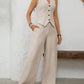 V - Neck Button Down Vest and Wide Leg Pants Set - MegaSuperStar