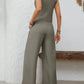 V - Neck Button Down Vest and Wide Leg Pants Set - MegaSuperStar