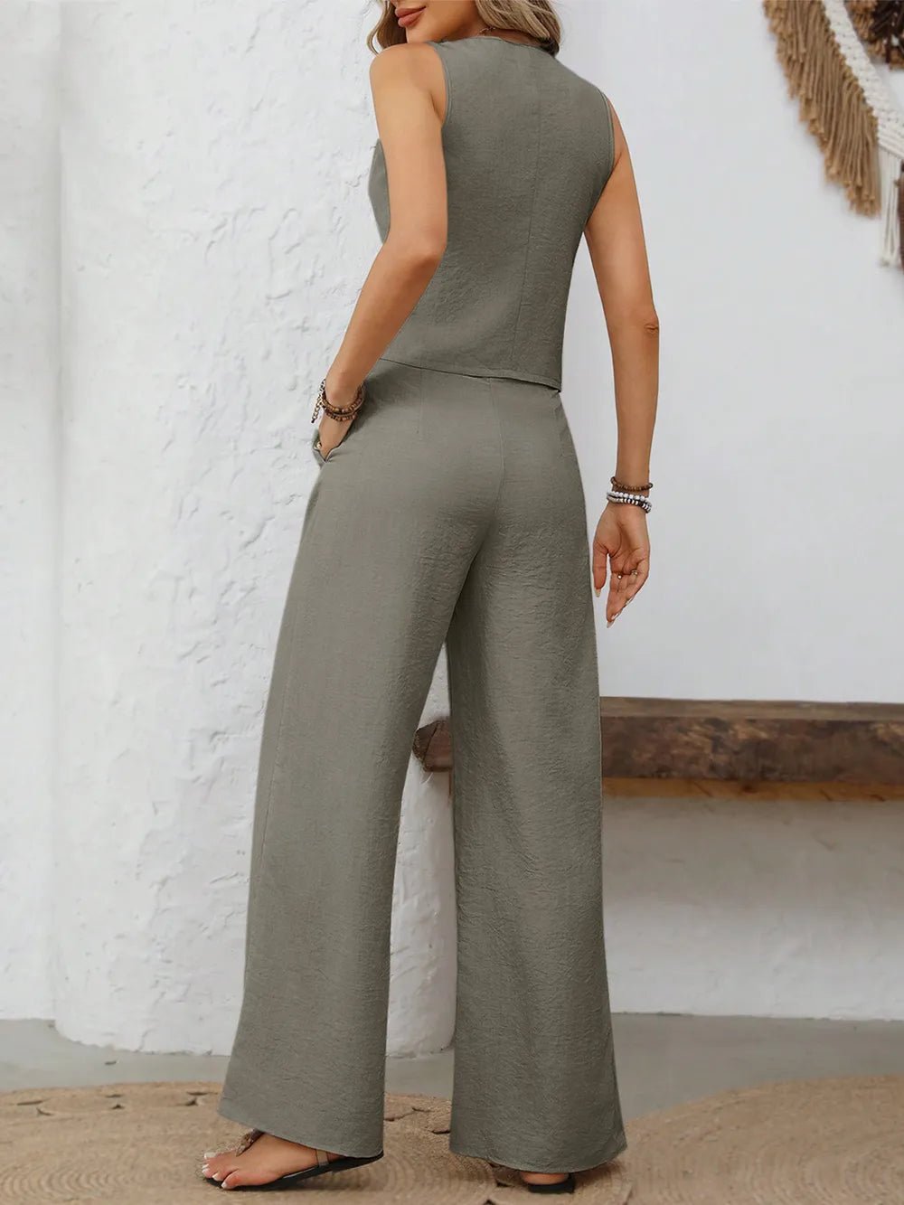 V - Neck Button Down Vest and Wide Leg Pants Set - MegaSuperStar