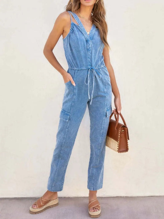V - Neck Sleeveless Denim Jumpsuit - MegaSuperStar