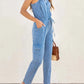 V - Neck Sleeveless Denim Jumpsuit - MegaSuperStar