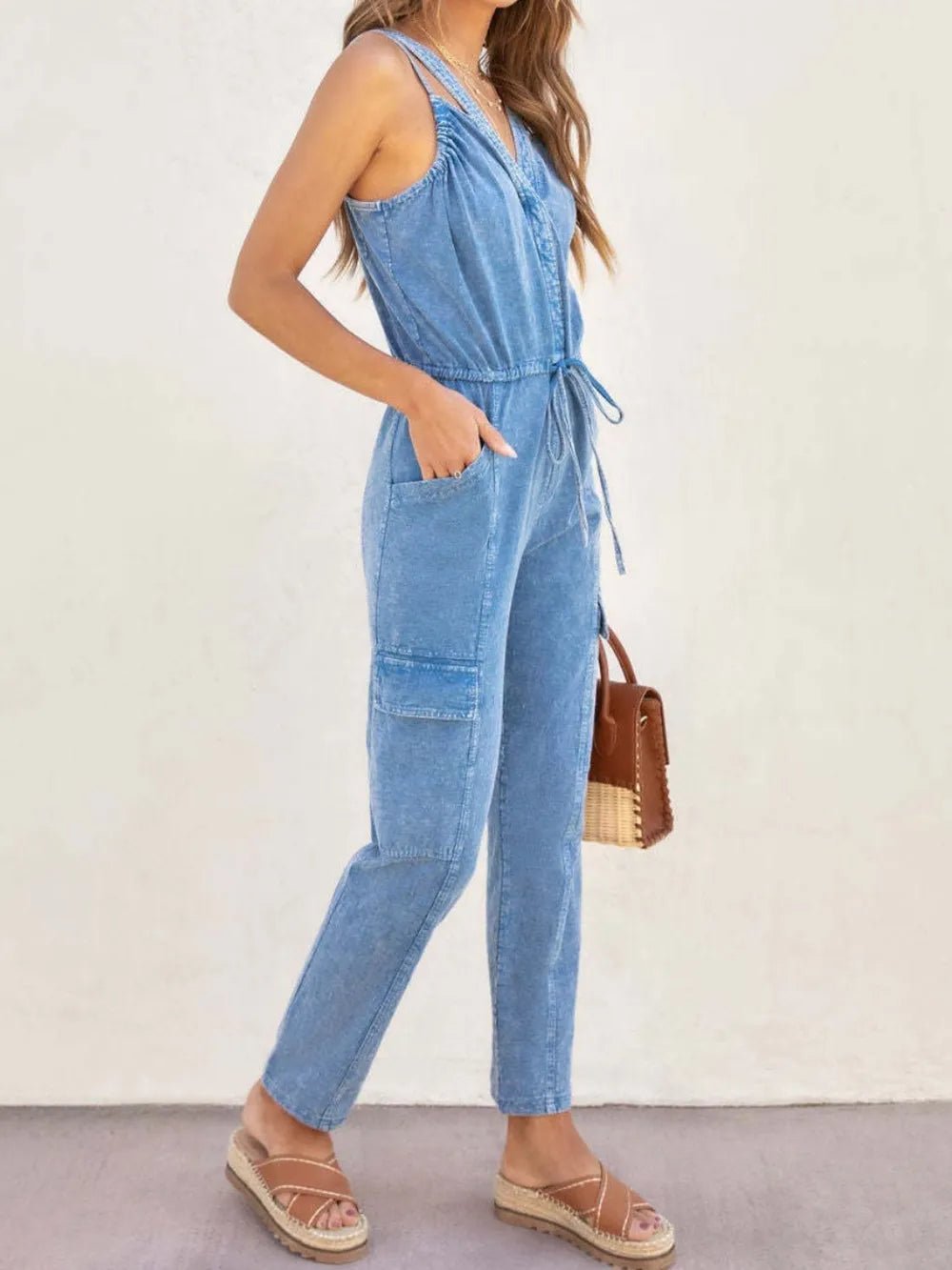 V - Neck Sleeveless Denim Jumpsuit - MegaSuperStar