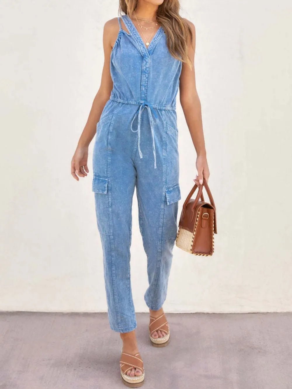 V - Neck Sleeveless Denim Jumpsuit - MegaSuperStar